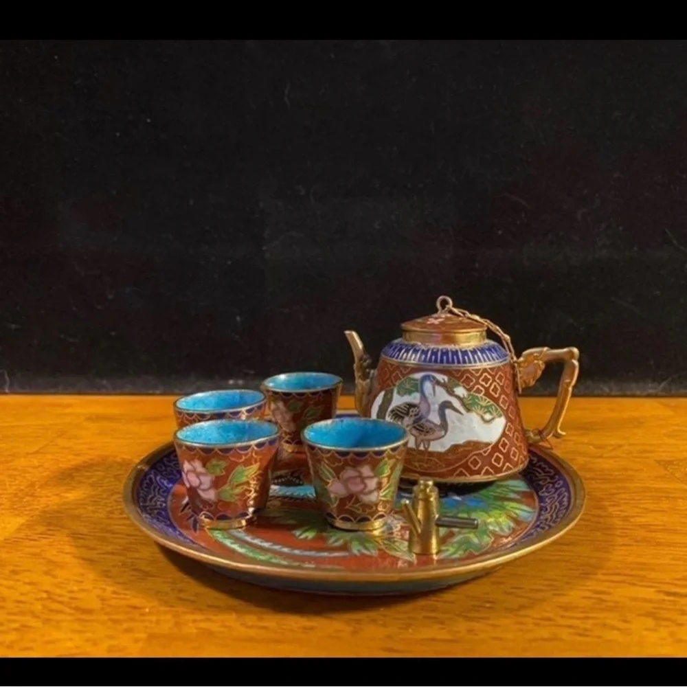 Cloisonné Decorative Plate with Bird & Floral Motif in Blue and Red